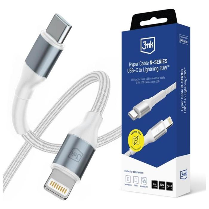 3MK - 3MK USB-C till Lightning 20W kabel 9V/2A 1m N-SERIES Hyper - Vit