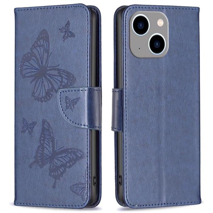 OEM - iPhone 14 Plus Plånboksfodral Butterfly Imprinted - Mörkblå