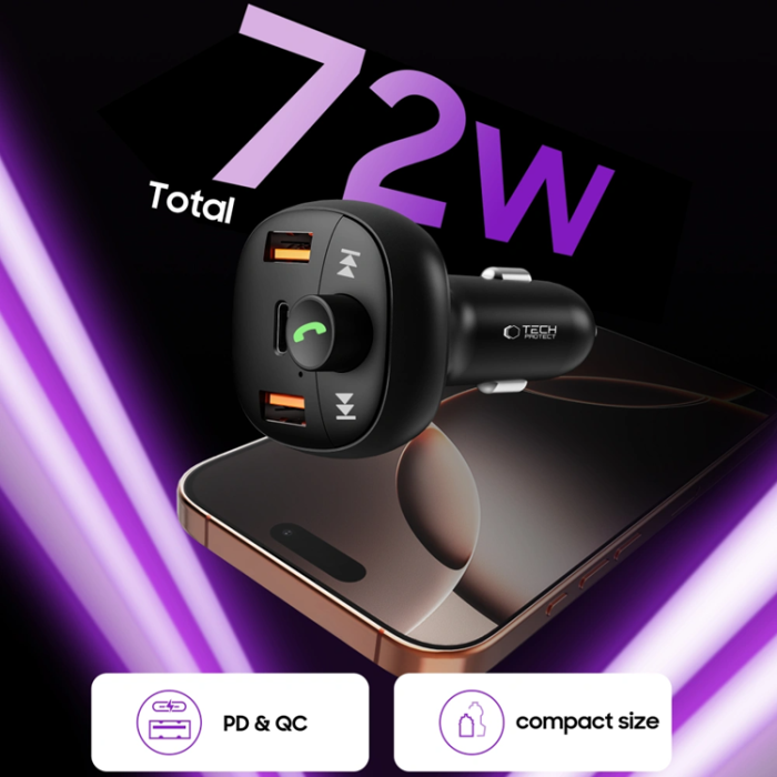 Tech-Protect - Tech Protect Billaddare USB-C Till USB-A 72W Plus Bluetooth - Svart