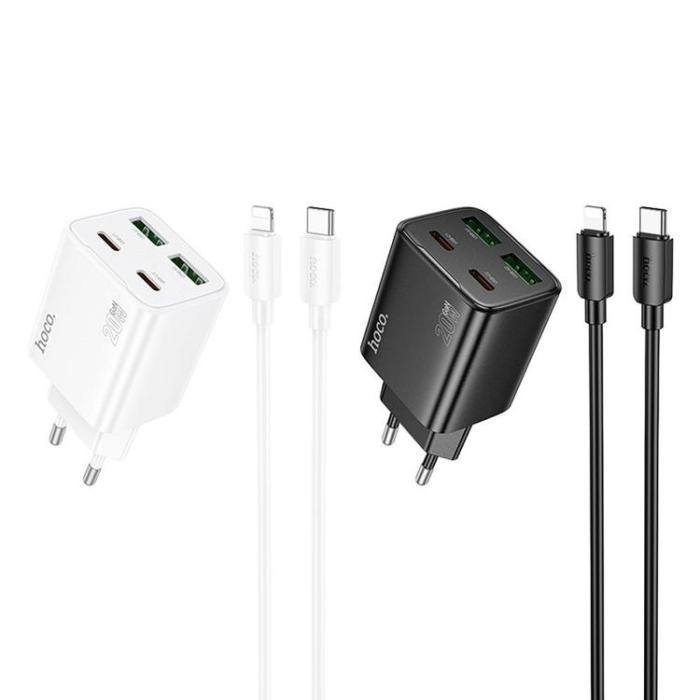 Hoco - Hoco Snabbladdare PD 20W 2xUSB-A 2xUSB-C QC3.0 3A med Lightning Kabel N55 - Vit