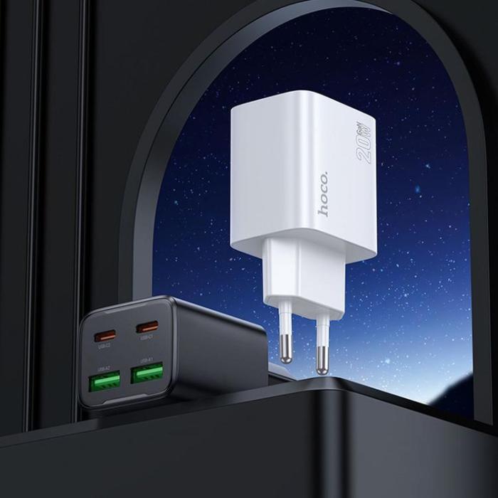 Hoco - Hoco Snabbladdare PD 20W 2xUSB-A 2xUSB-C QC3.0 3A med Lightning Kabel N55 - Vit