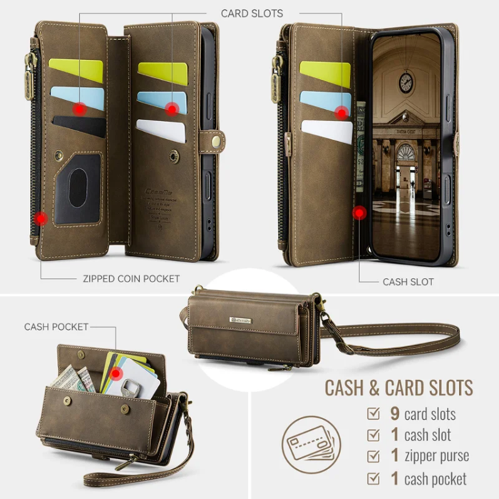 Caseme - Caseme iPhone 16 Pro Plånboksfodral RFID Blocking Zipper - Brun