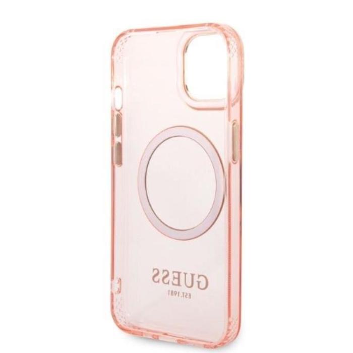 Guess - GUESS iPhone 14 Skal MagSafe Gold Outline Translucent - Rosa