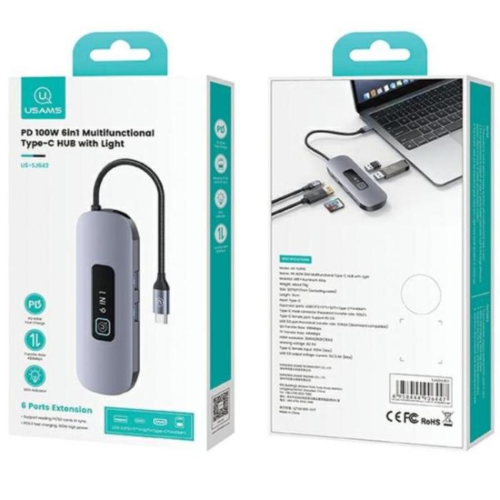 USAMS - USAMS 6in1 Adapter Hubb 100W 2xUSB-A USB-C, HDMI, TF, SD - Grå
