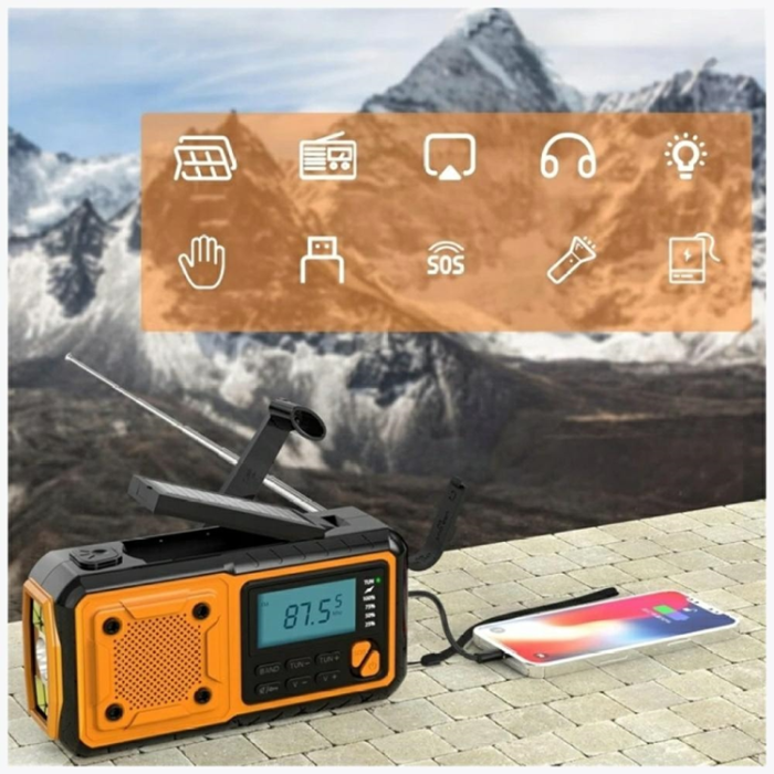 A-One Brand - Radio AM/FM med Ficklampa Solpanel Handvev IPX3 - Svart/Gul