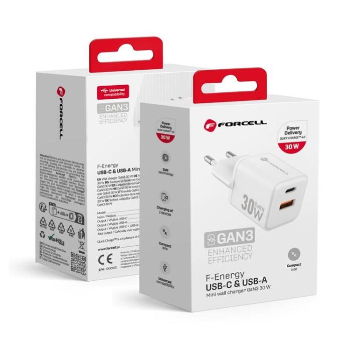 Forcell - Forcell Mini Snabbladdare 30W USB-C/USB-A GaN III QC4.0 PD