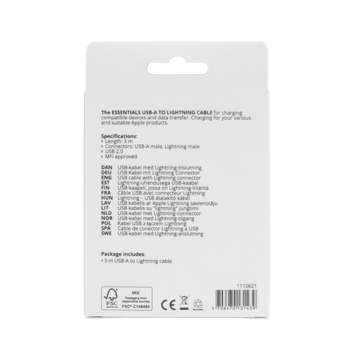 UTGATT1 - Essentials MFi Lightning USB-A Kabel 3m - Vit
