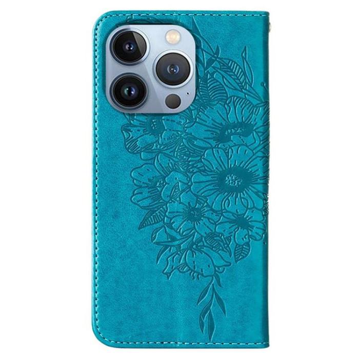 OEM - iPhone 14 Pro Max Plånboksfodral Butterfly Flower Imprinted - Blå