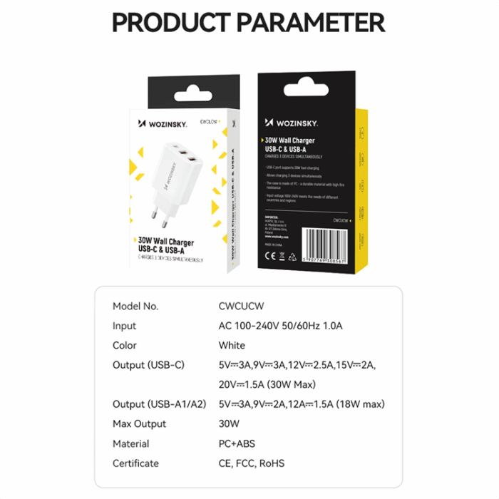 Wozinsky - Wozinsky Väggladdare 30W USB-C/2 x USB-A - Vit