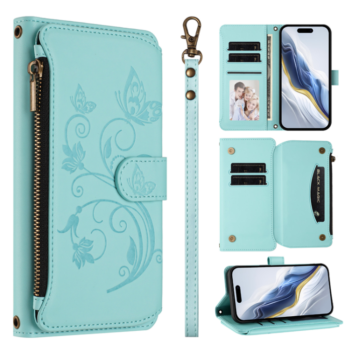 A-One Brand - iPhone 17 Pro Plånboksfodral Butterfly Floral Imprint - Mintgrön