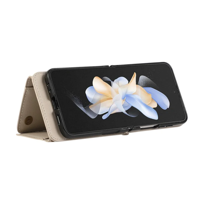 A-One Brand - Galaxy Z Flip7 Plånboksfodral Zipper Kickstand med Axelrem - Beige