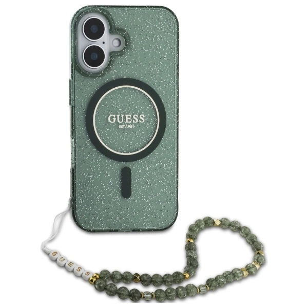 Guess iPhone 16 Plus Mobilskal MagSafe IML Glitter Med Strap - Grön | 2353 | AlltMobil