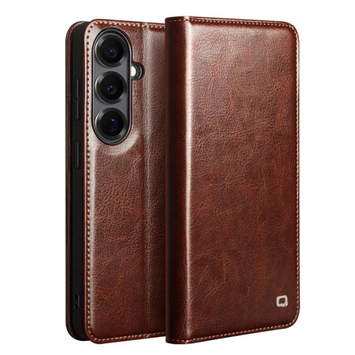 QIALINO - Qialino Plånboksfodral för Samsung Galaxy S26 Äkta läder Kortfack Ställ - Brun