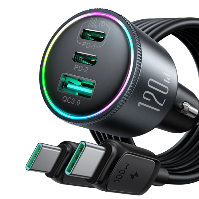 Joyroom - Joyroom Billaddare 2xUSB-C USB-A + USB-C kabel 100W - Mörkgrå