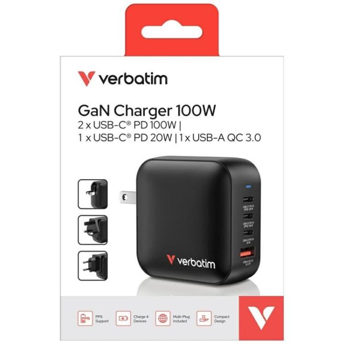 Verbatim - Verbatim Snabbladdare 100W PD 3xUSB-C QC 1xUSB-A GaN Mini - Svart