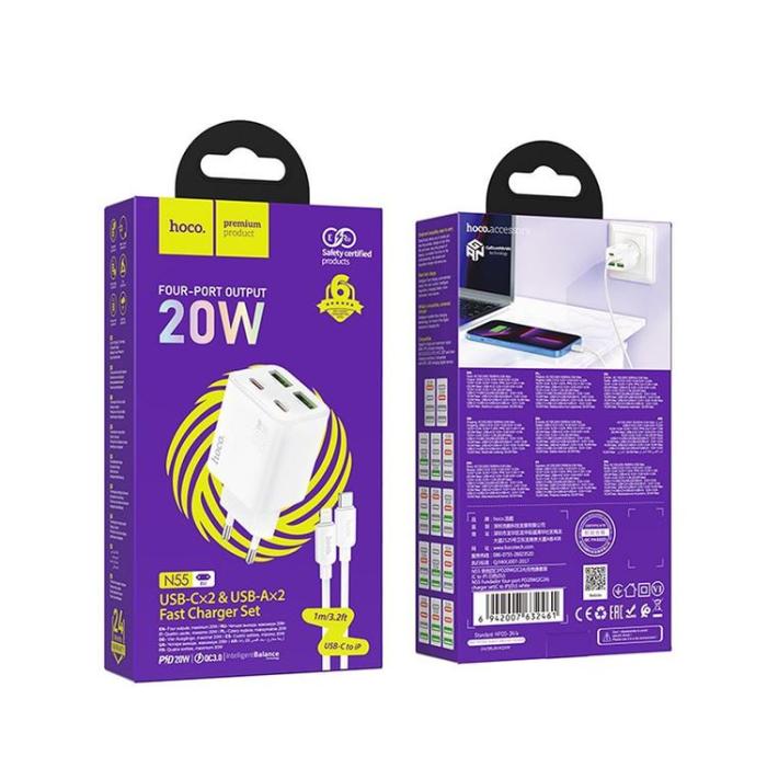 Hoco - Hoco Snabbladdare PD 20W 2xUSB-A 2xUSB-C QC3.0 3A med Lightning Kabel N55 - Vit