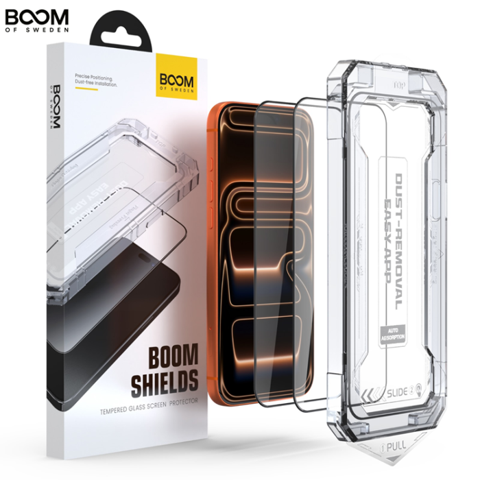 BOOM iPhone 17 Pro Max härdat glas skärmskydd livstidsgaranti 9H crystal clear protection premium tillbehör