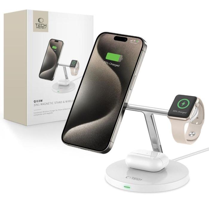 Tech-Protect - Tech-Protect 3-in-1 Trådlös Laddare Magsafe iPhone, Apple Watch, AirPods - Vit