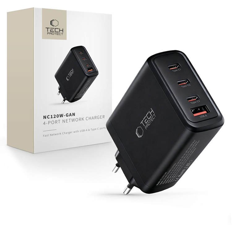 Tech-Protect 4-Port Snabbladdare 120W QC3.0 NC120W-GAN (Svart) | 505295 | AlltMobil