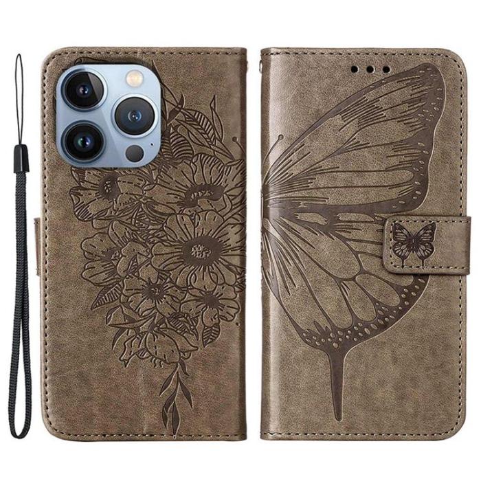 OEM - iPhone 14 Pro Plånboksfodral Butterfly Flower Imprinted - Grå