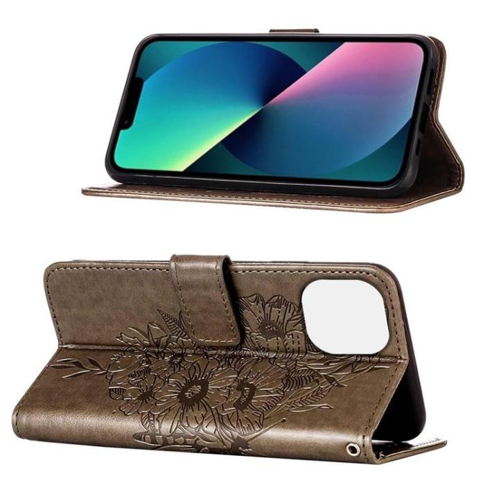 OEM - iPhone 14 Pro Plånboksfodral Butterfly Flower Imprinted - Grå