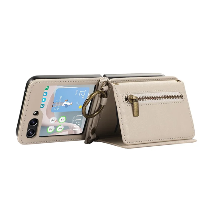 A-One Brand - Galaxy Z Flip7 Plånboksfodral Zipper Kickstand med Axelrem - Beige
