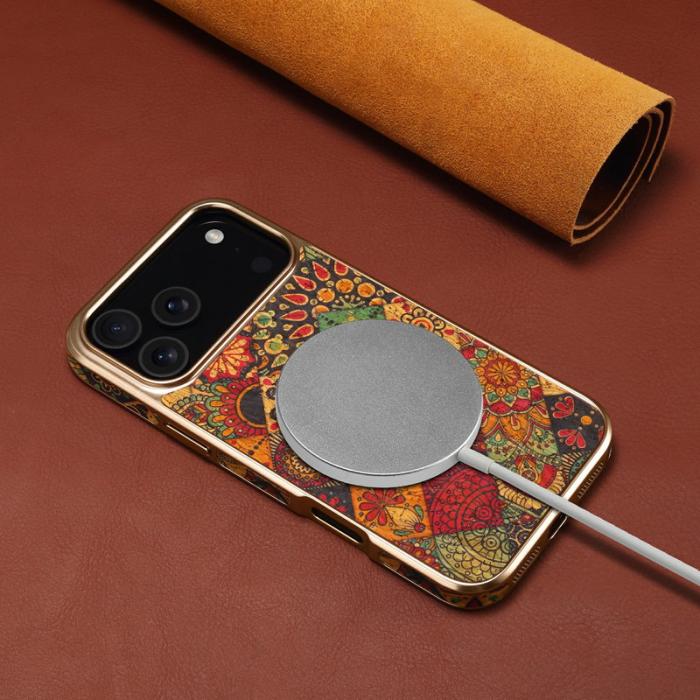 DENIOR - DENIOR Mobilskal till iPhone 17 Pro Max Mönstertryckt Elektropläterad Läder Gul