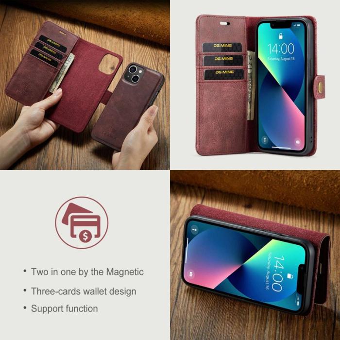 DG.MING - DG.MING iPhone 14 Plus Plånboksfodral i Äkta läderMagnetisk Röd