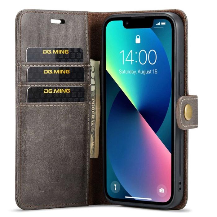 DG.MING - DG.MING iPhone 14 Plus Plånboksfodral i Äkta läder Magnetisk Grå