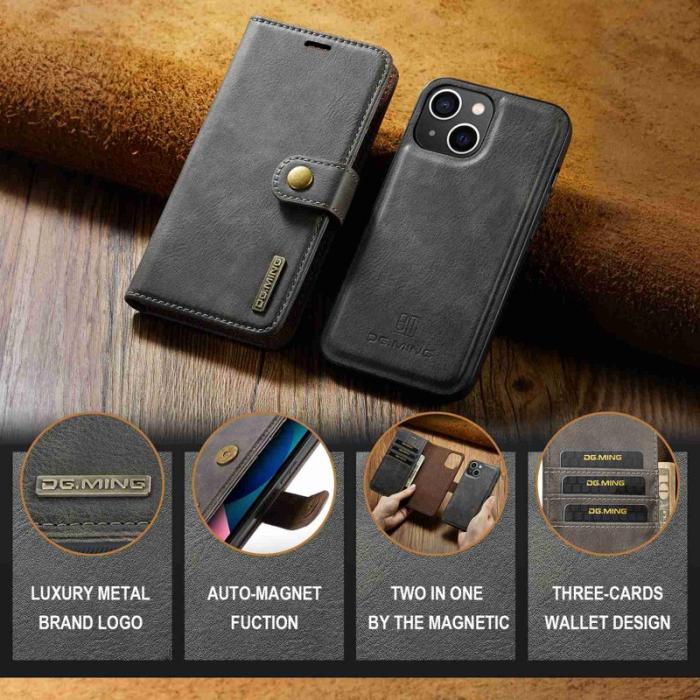 DG.MING - DG.MING iPhone 14 Plus Plånboksfodral i Äkta läder Magnetisk Grå