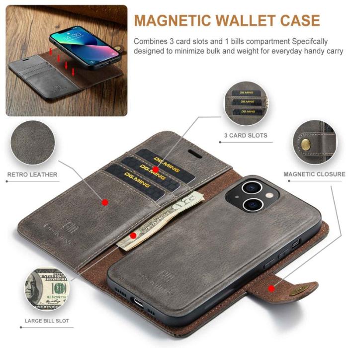 DG.MING - DG.MING iPhone 14 Plus Plånboksfodral i Äkta läder Magnetisk Grå