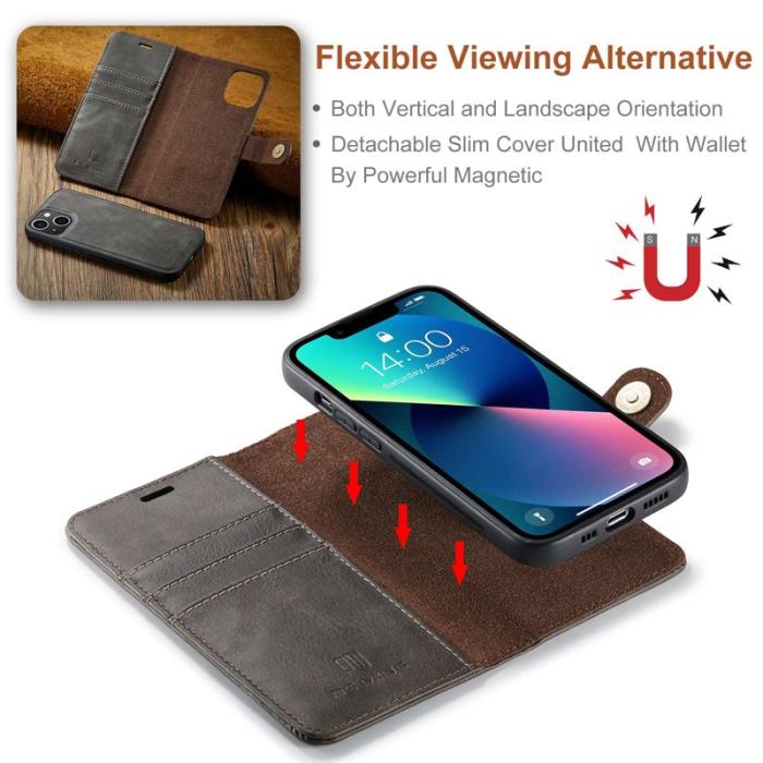 DG.MING - DG.MING iPhone 14 Plus Plånboksfodral i Äkta läder Magnetisk Grå