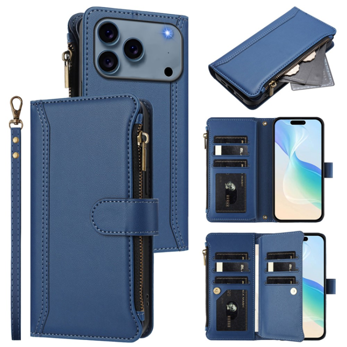 A-One Brand - iPhone 17 Pro Plånboksfodral Zipper Med Rem - Blå