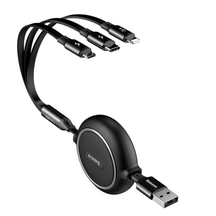 BASEUS - Baseus 3in1 microUSB/ lightning/ USB-C 120cm Golden Loop - Svart