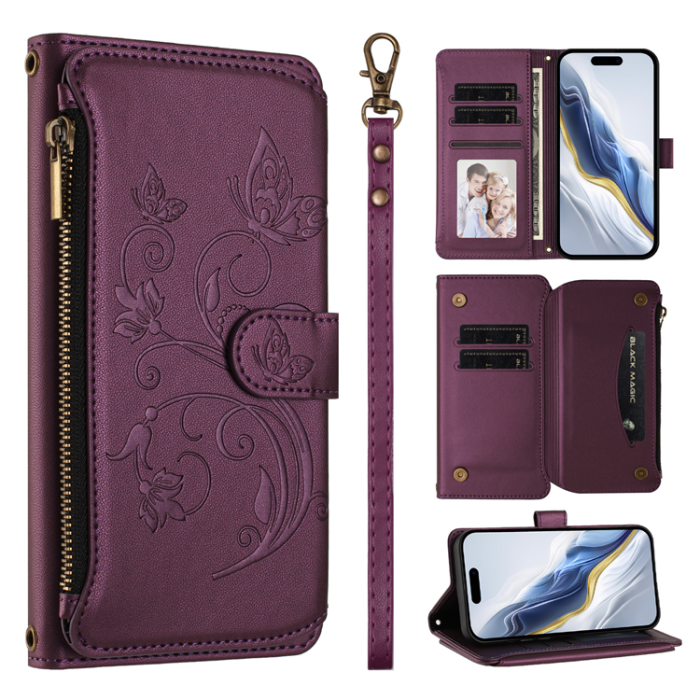 A-One Brand - iPhone 17 Pro Plånboksfodral Butterfly Floral Imprint - Lila