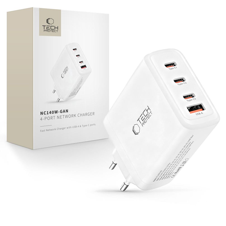 Tech-Protect 4-Port Snabbladdare 140W QC3.0 NC140W-GAN (Vit)