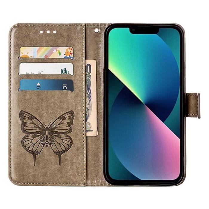 OEM - iPhone 14 Pro Plånboksfodral Butterfly Flower Imprinted - Grå