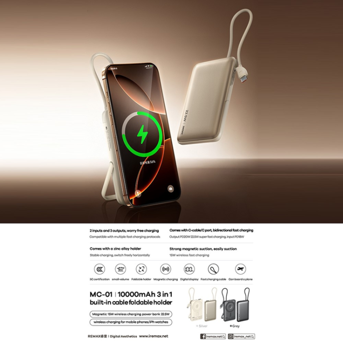 Remax - REMAX 3in1 Powerbank 10000mAh 15W/22.5W Trådlös Laddare - Grå