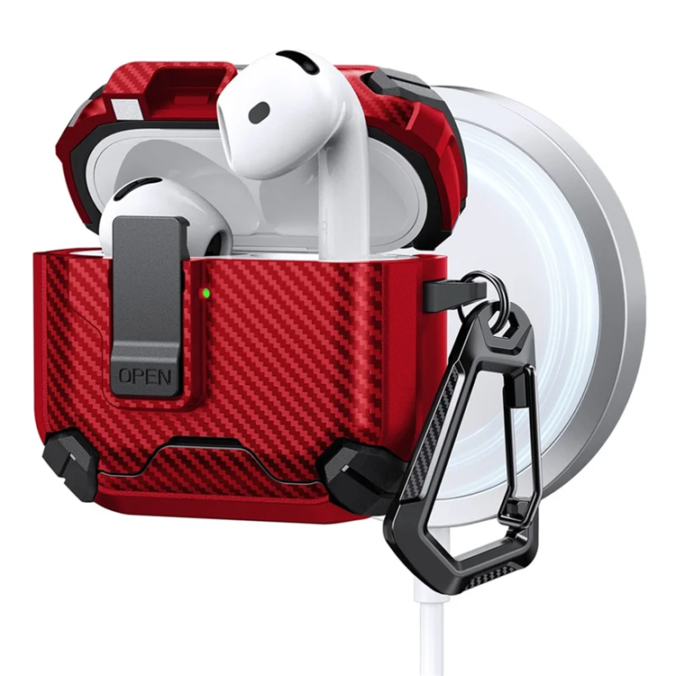 AirPods 4 Skal Magsafe Carbon Fiber med Karbinhake - Röd | 2353 | AlltMobil
