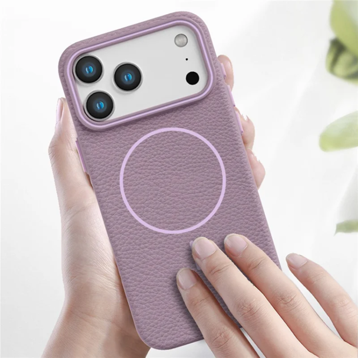 A-One Brand - iPhone 17 Pro Mobilskal Magsafe Litchi Pattern - Vit