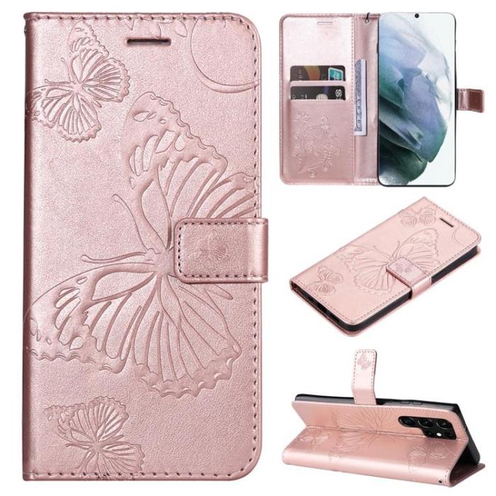 A-One Brand - Butterfly Imprinted Fodral Galaxy S22 - Rosa Guld