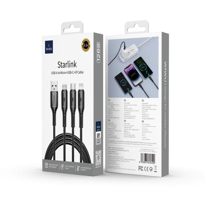 WIWU - WIWU 3in1 USB-A Till Lightning, USB-C, Micro-USB Kabel 3.1A Starlink Series