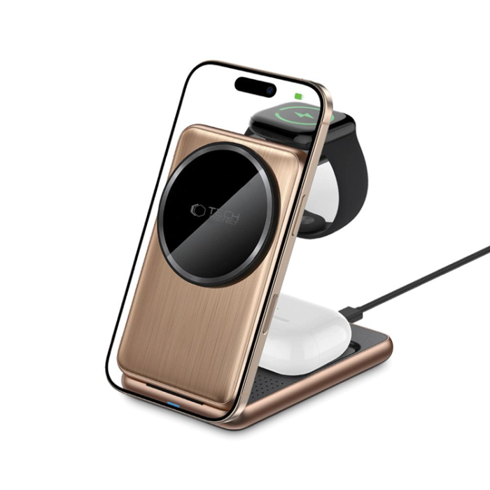 Tech-Protect - [3in1] Tech-Portect Trådlös Laddare Magsafe iPhone, Apple Watch, AirPods - Guld