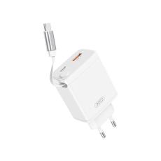 XO - XO Snabbladdare 30W 1xUSB-C 1xUSB-A med Infällbar USB-C kabel - Vit
