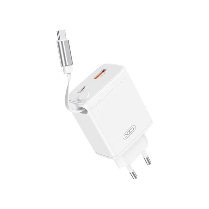 XO - XO Snabbladdare 30W 1xUSB-C 1xUSB-A med Infällbar USB-C kabel - Vit