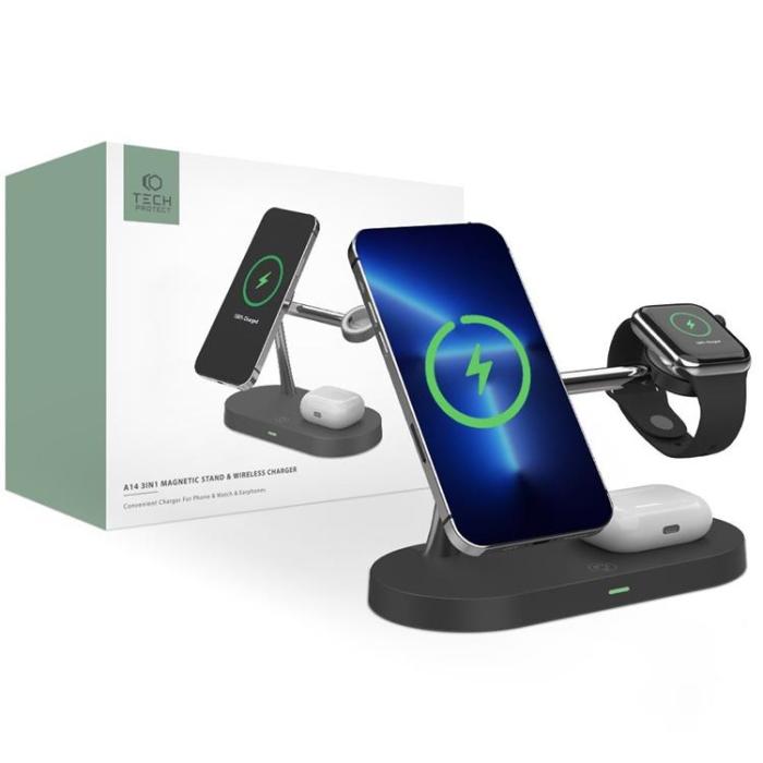 UTGATT - Tech-Protect 3-i-1 Trådlös Laddare iPhone, Apple Watch, Airpods A14 - Svart