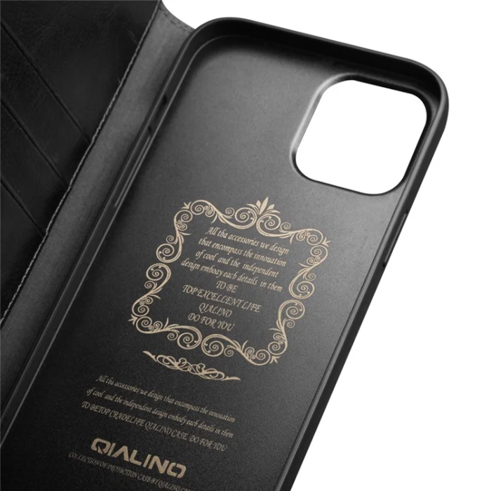 QIALINO - Qialino iPhone 13 Mini Plånboksfodral Cowhide Läder - Svart