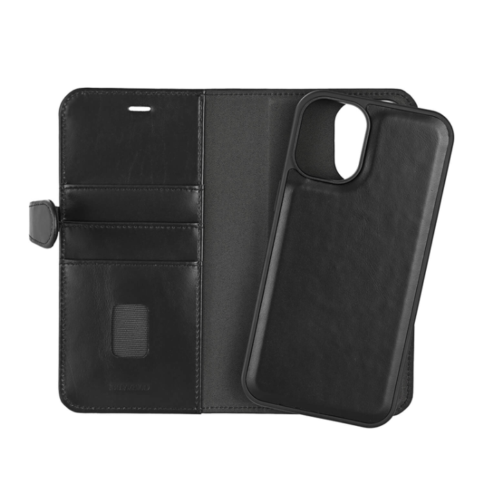 BUFFALO - BUFFALO äkta läder iPhone 16 Plus Plånboksfodral MagSafe 2-i-1 - Svart