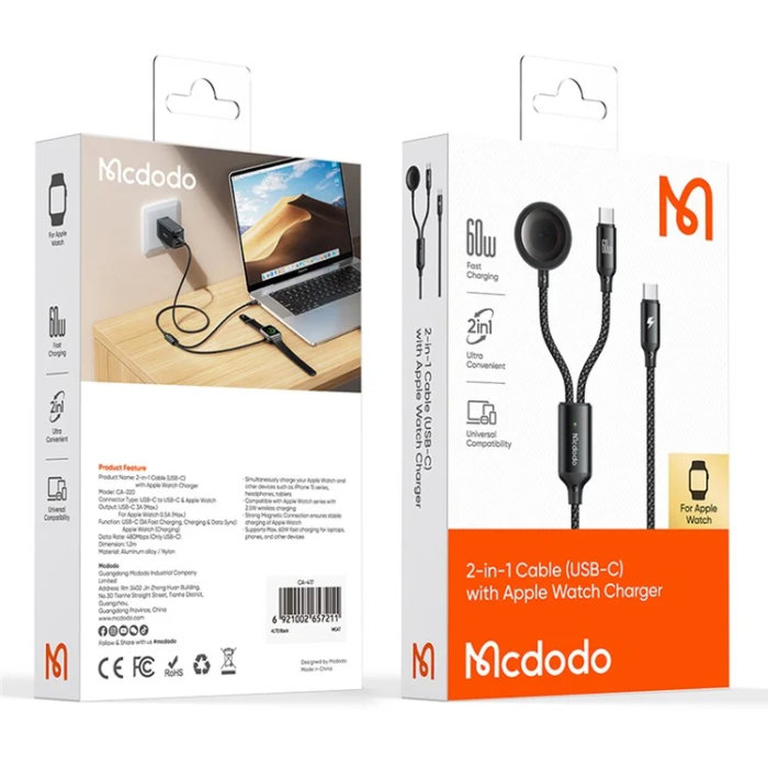 MCDODO - MCDODO 2in1 USB-C - USB-C 60W Kabel 1.2m Watch Trådlös Laddare