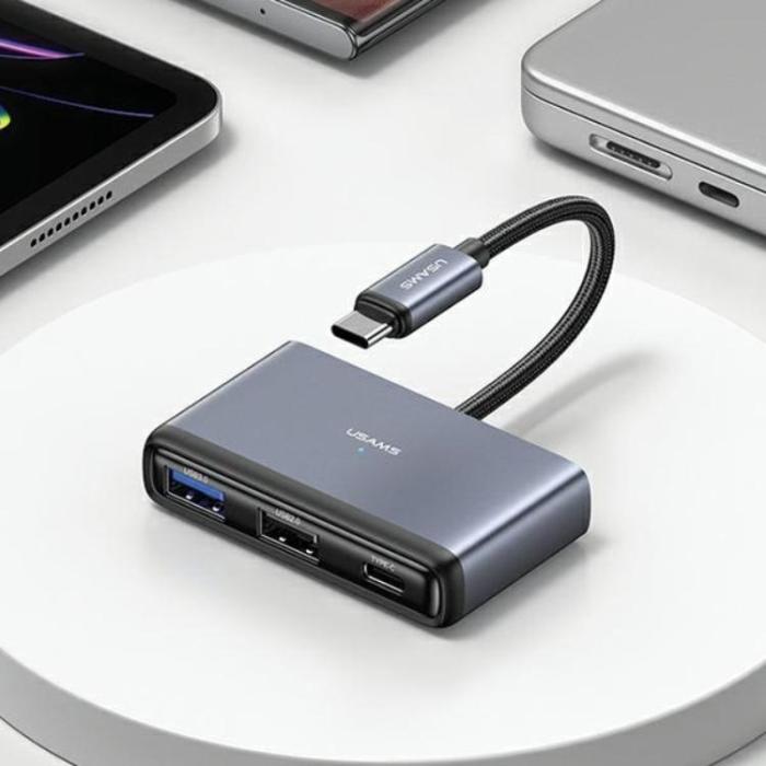 USAMS - USAMS 4in1 Adapter Hubb USB-C, 2xUSB 2.0, USB 3.0 - Grå